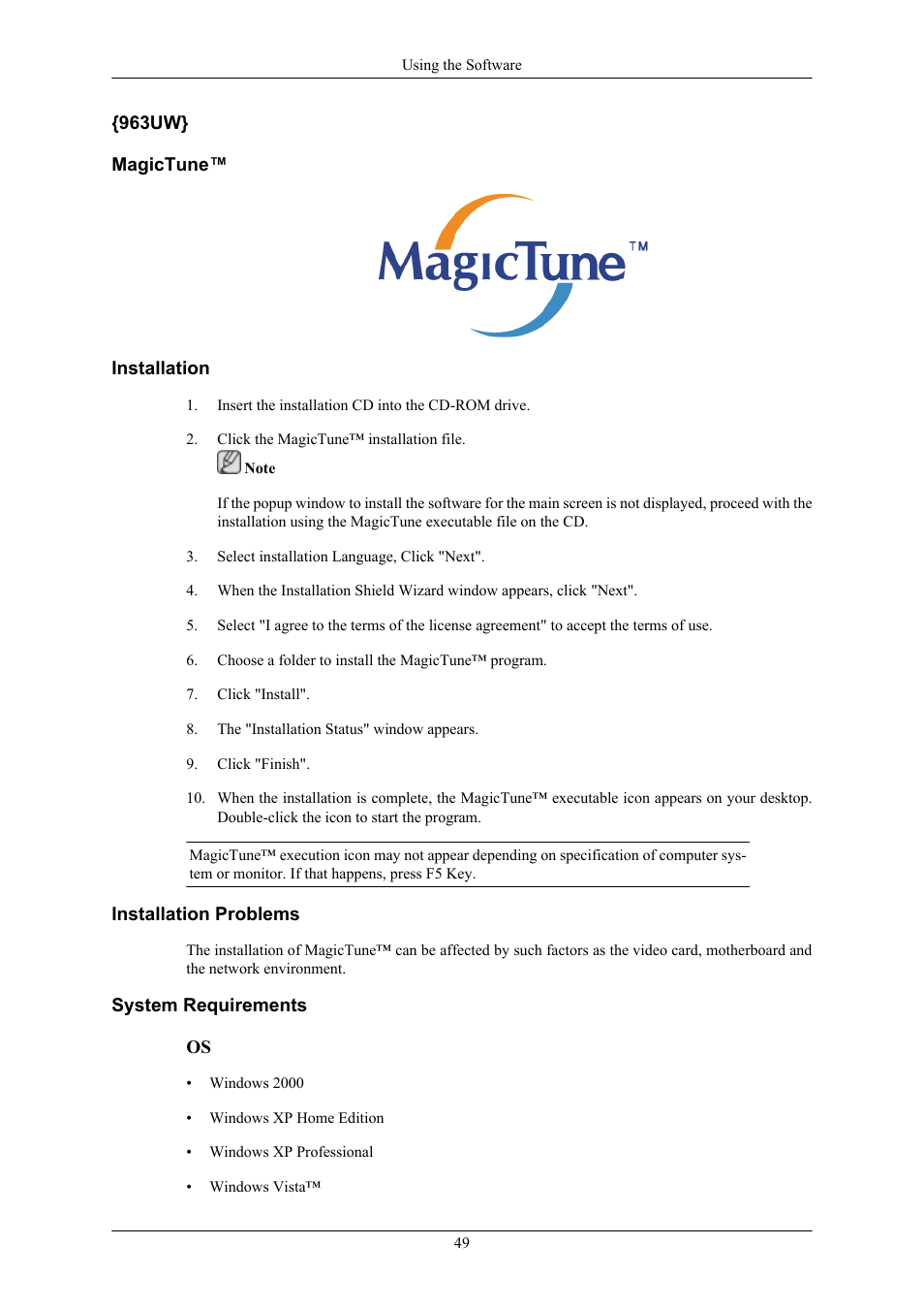 963uw} magictune, Installation, Installation problems | System requirements | Samsung 2063UW User Manual | Page 50 / 147