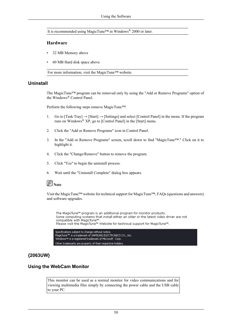 Uninstall, 2063uw} using the webcam monitor | Samsung 2063UW User Manual | Page 51 / 147