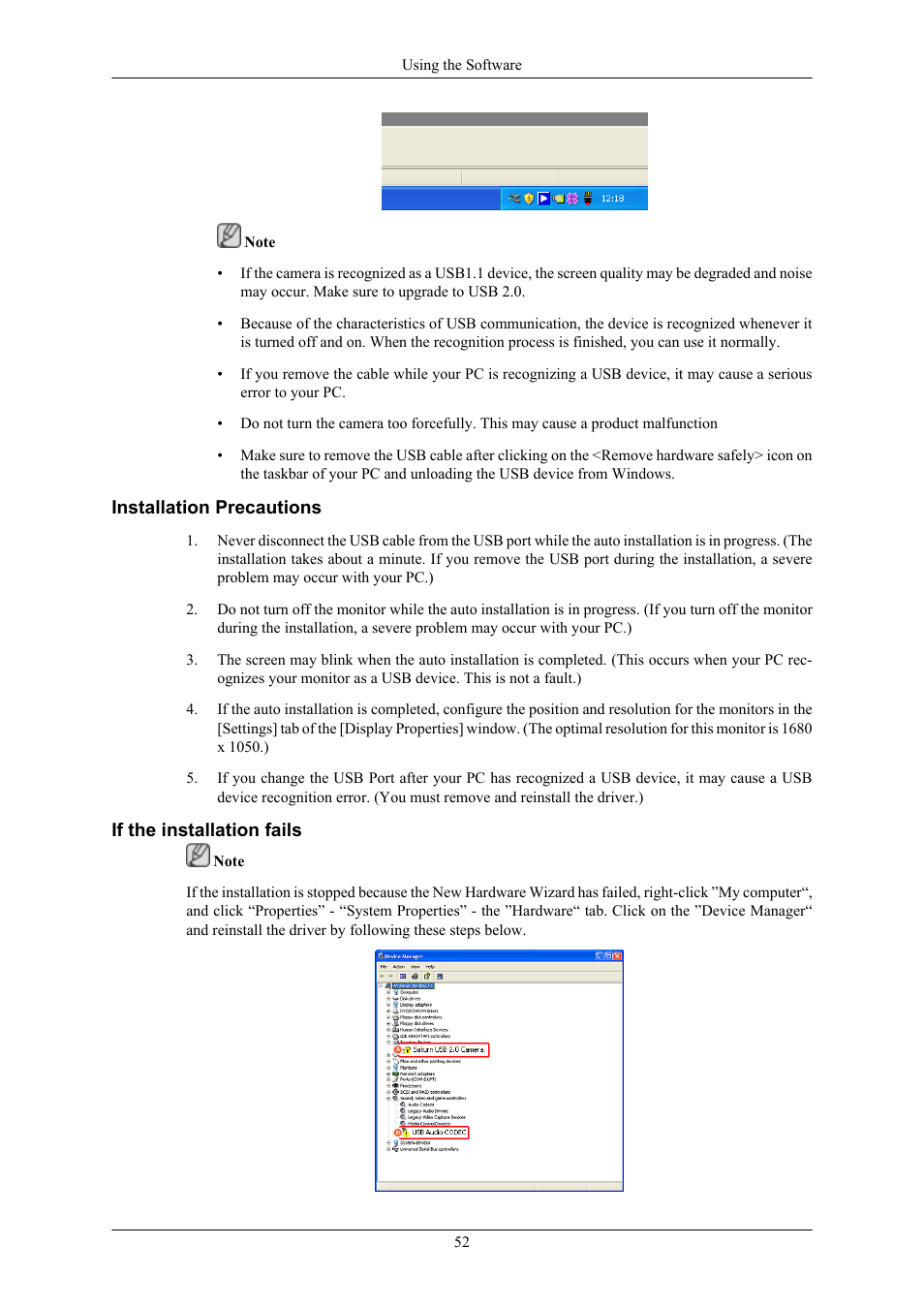 Installation precautions, If the installation fails | Samsung 2063UW User Manual | Page 53 / 147