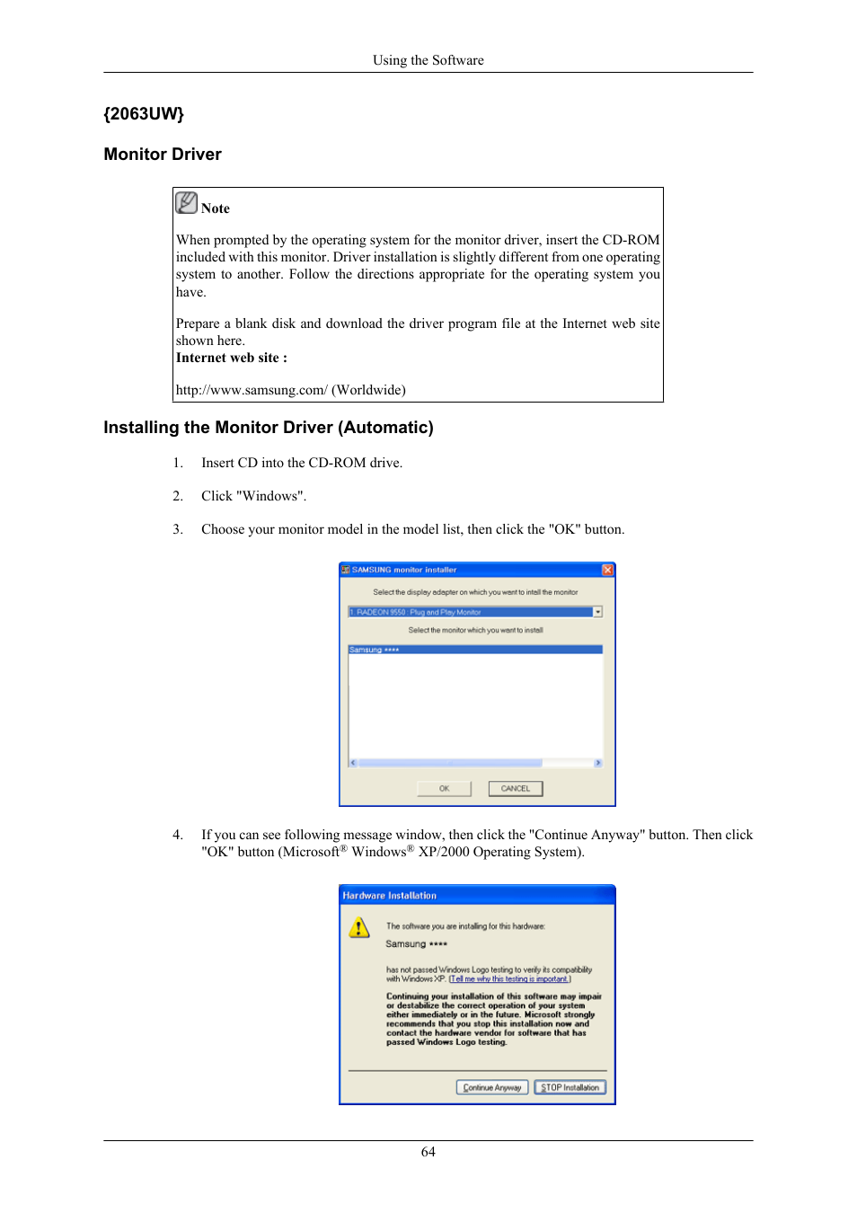 2063uw} monitor driver, Installing the monitor driver (automatic) | Samsung 2063UW User Manual | Page 65 / 147