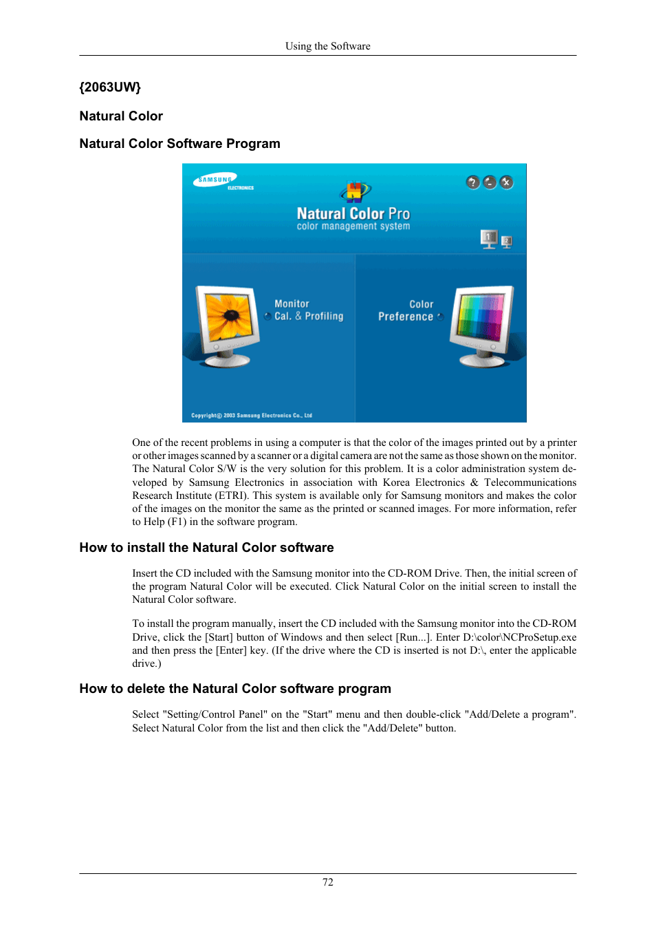 2063uw} natural color, Natural color software program, How to install the natural color software | How to delete the natural color software program | Samsung 2063UW User Manual | Page 73 / 147