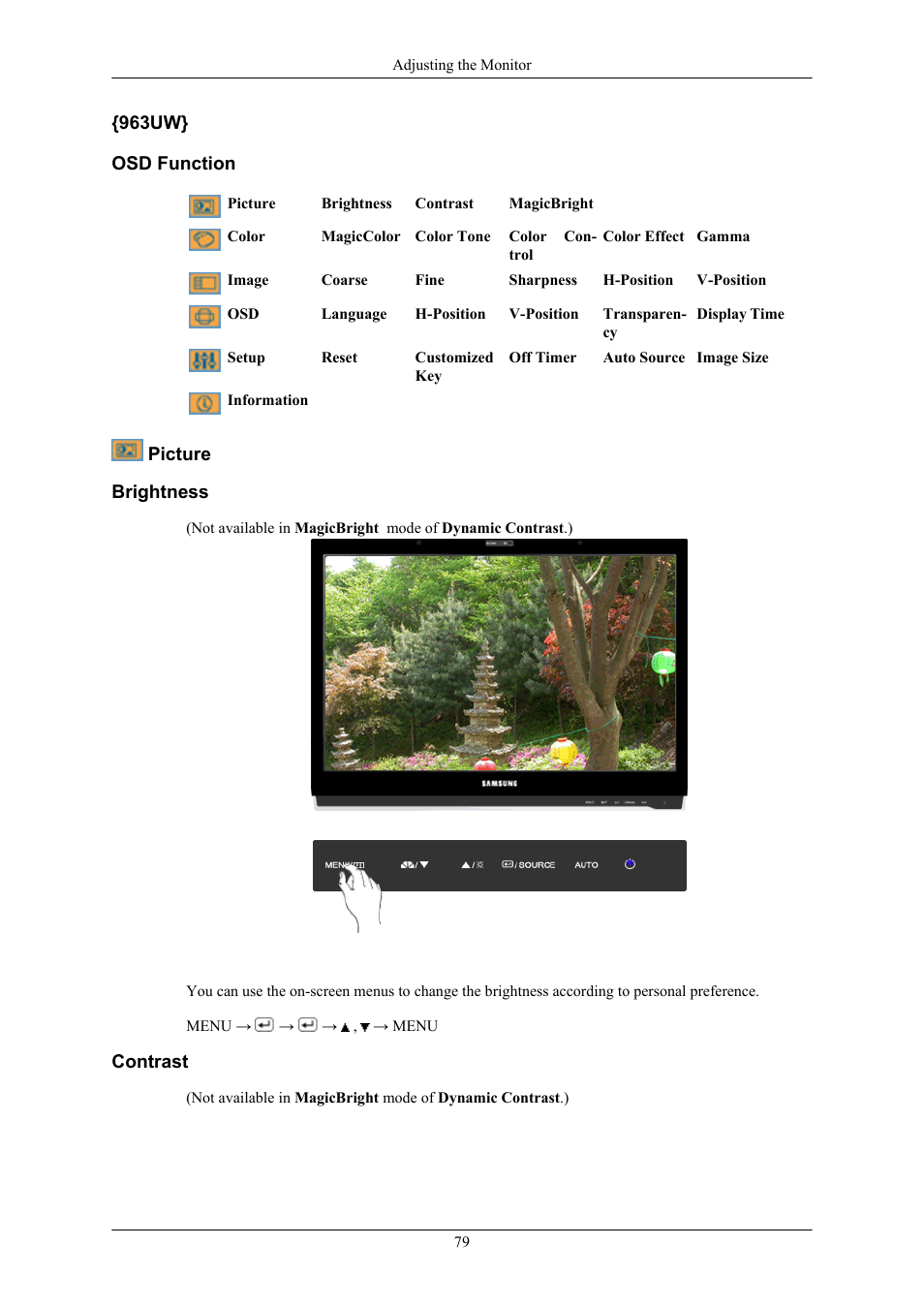 Osd function, Picture | Samsung 2063UW User Manual | Page 80 / 147