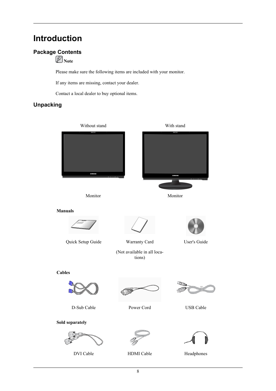 Introduction, Package contents, Unpacking | Samsung 2063UW User Manual | Page 9 / 147