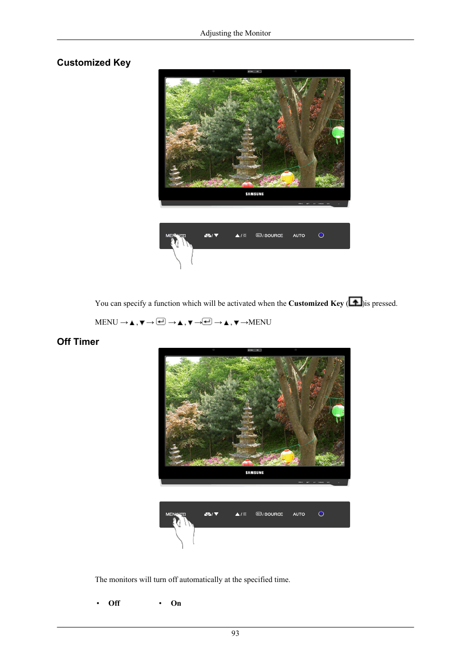 Customized key, Off timer | Samsung 2063UW User Manual | Page 94 / 147