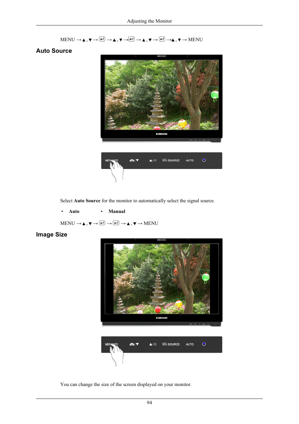 Auto source, Image size | Samsung 2063UW User Manual | Page 95 / 147