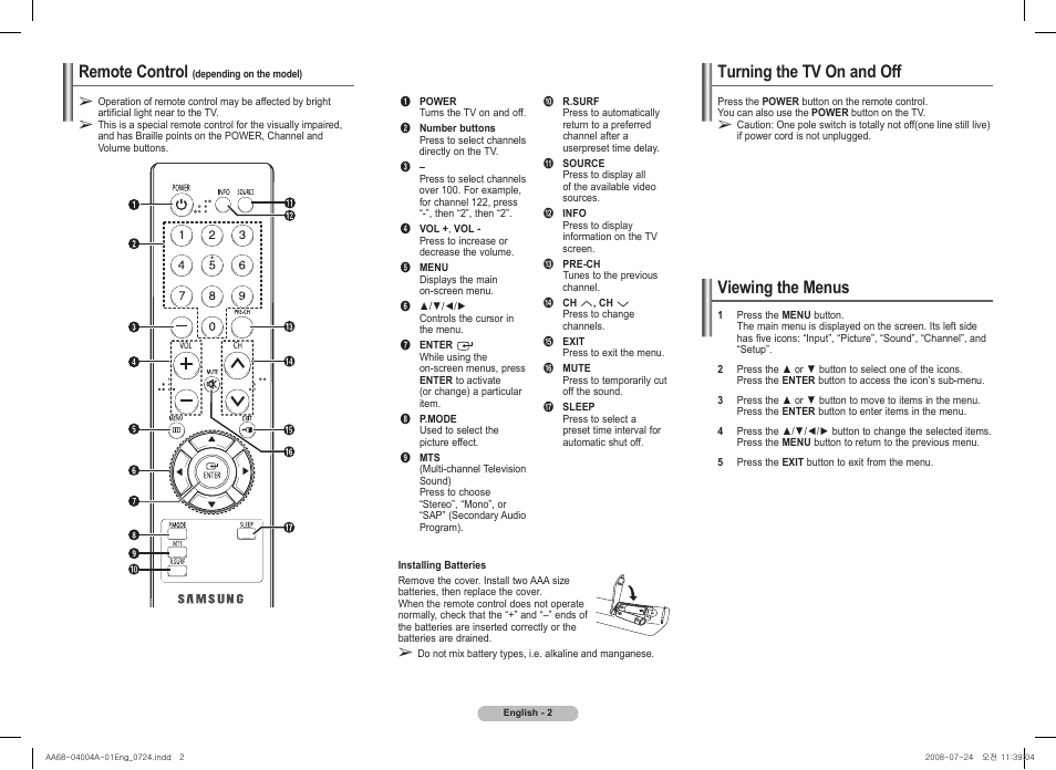 Remote control (depending on the model), Turning the tv on and off, Viewing the menus | Remote control | Samsung 2AM0 User Manual | Page 2 / 8