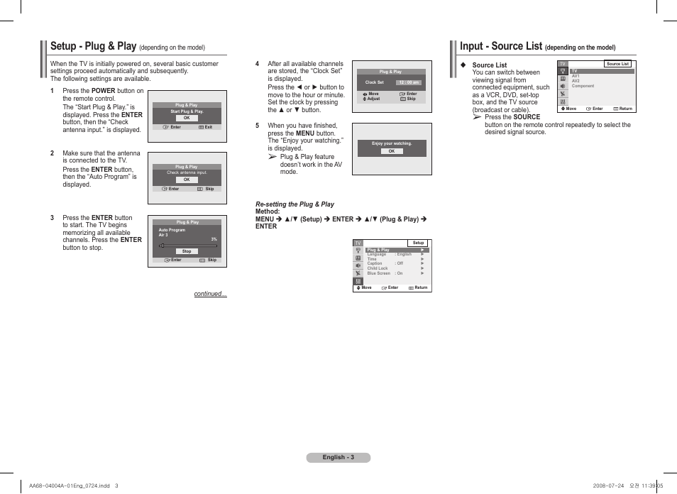 Setup - plug & play (depending on the model), Input - source list (depending on the model), Input - source list | Setup - plug & play | Samsung 2AM0 User Manual | Page 3 / 8