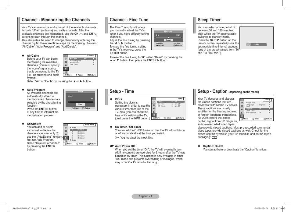 Channel - memorizing the channels, Channel - fine tune, Setup - time | Sleep timer, Setup - caption (depending on the model), Setup - caption | Samsung 2AM0 User Manual | Page 4 / 8