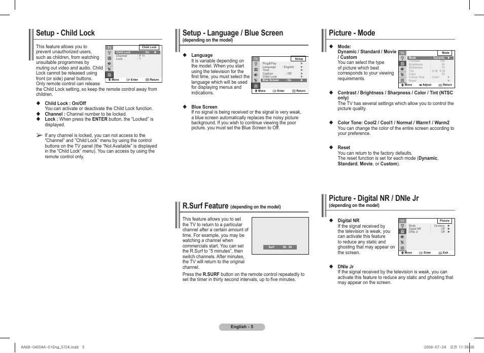 Setup - child lock, R.surf feature (depending on the model), Picture - mode | Setup - language / blue screen, R.surf feature, Picture - digital nr / dnie jr | Samsung 2AM0 User Manual | Page 5 / 8