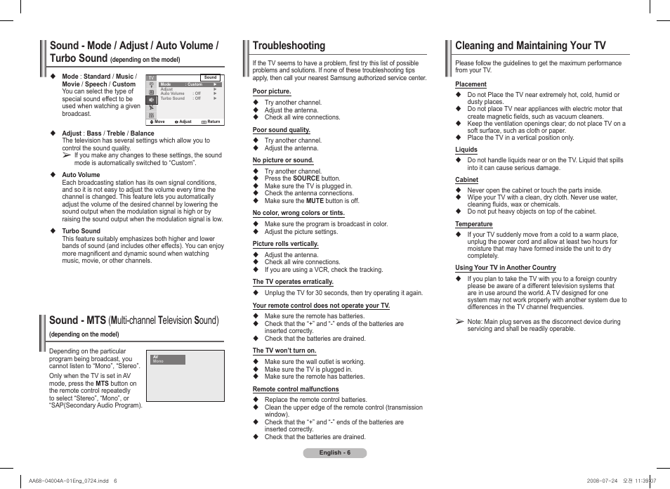 Troubleshooting, Cleaning and maintaining your tv, Sound - mode / adjust / auto volume / turbo sound | Sound - mts ( m ulti-channel t elevision s ound) | Samsung 2AM0 User Manual | Page 6 / 8