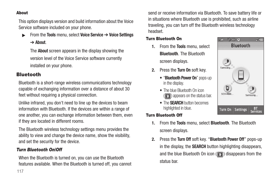 About, Bluetooth, Turn bluetooth on/off | Turn bluetooth on, Turn bluetooth off | Samsung FINNESSE SCH-R810 User Manual | Page 119 / 187