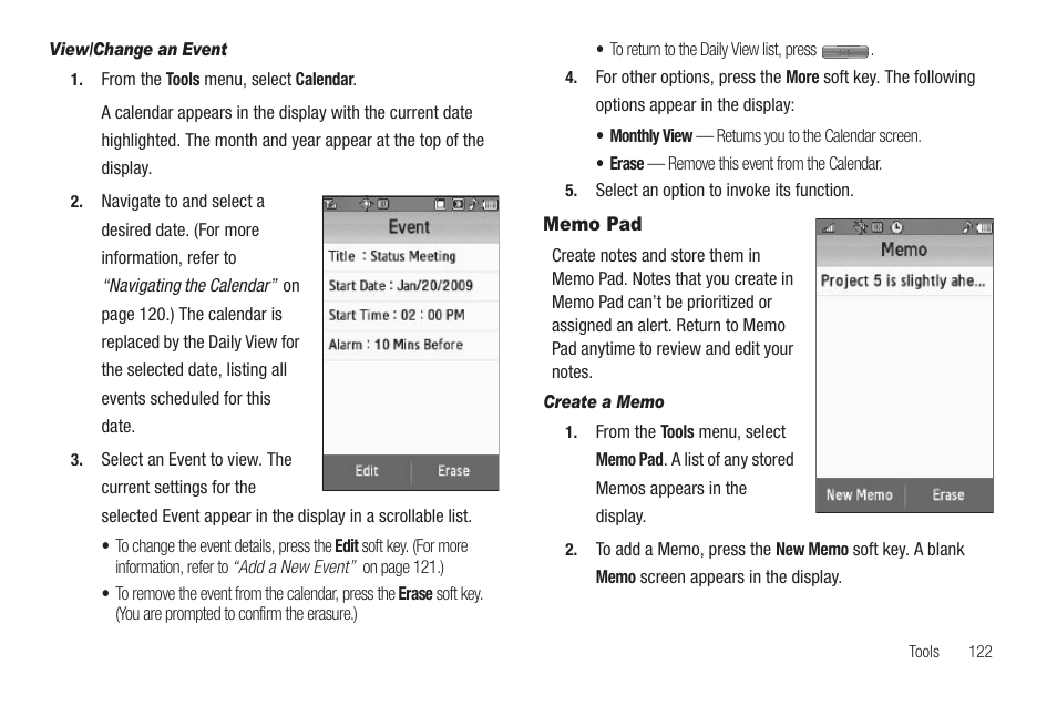 View/change an event, Memo pad, Create a memo | Samsung FINNESSE SCH-R810 User Manual | Page 124 / 187