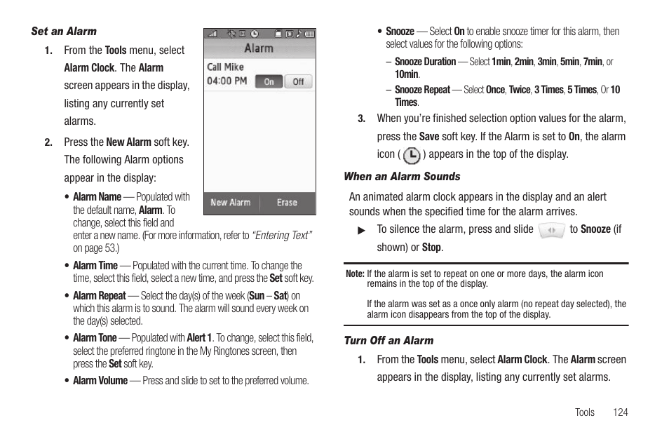 Set an alarm, When an alarm sounds, Turn off an alarm | Samsung FINNESSE SCH-R810 User Manual | Page 126 / 187