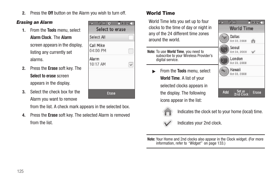 Erasing an alarm, World time | Samsung FINNESSE SCH-R810 User Manual | Page 127 / 187