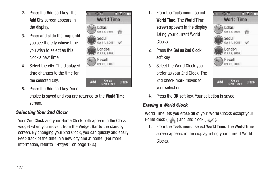 Selecting your 2nd clock, Erasing a world clock | Samsung FINNESSE SCH-R810 User Manual | Page 129 / 187