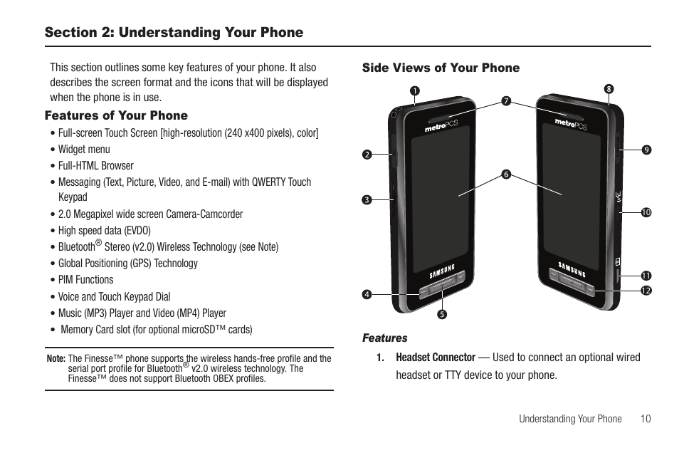 Section 2: understanding your phone, Features of your phone, Side views of your phone | Features, Features of your phone side views of your phone | Samsung FINNESSE SCH-R810 User Manual | Page 13 / 187