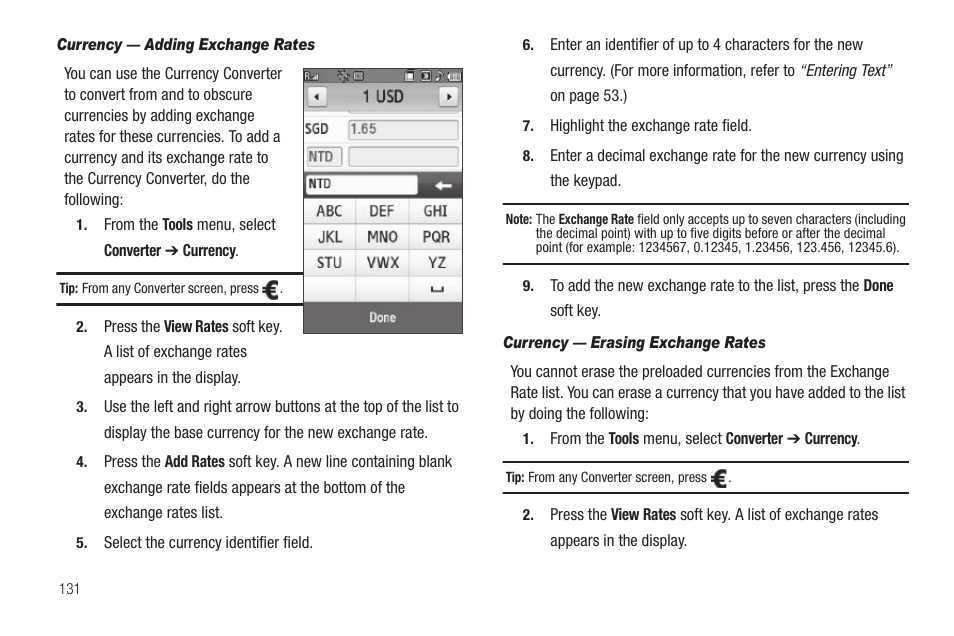 Currency — adding exchange rates, Currency — erasing exchange rates | Samsung FINNESSE SCH-R810 User Manual | Page 133 / 187