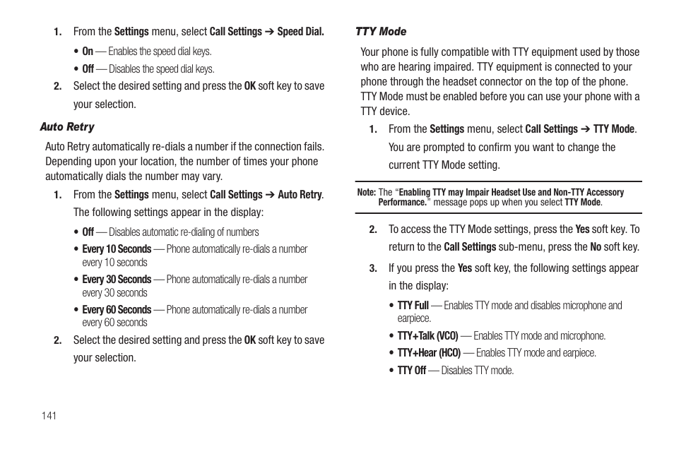 Auto retry, Tty mode | Samsung FINNESSE SCH-R810 User Manual | Page 143 / 187