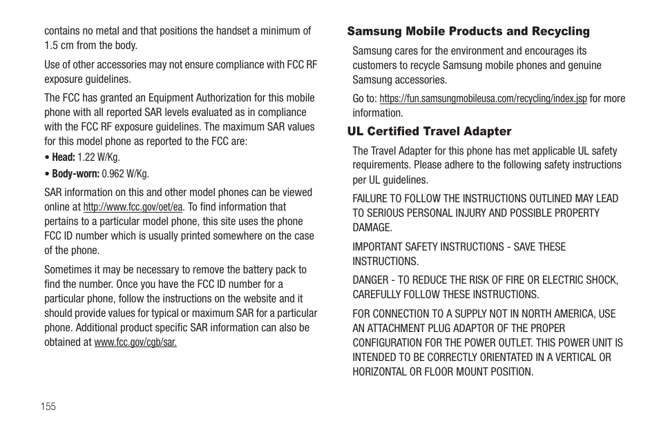 Samsung mobile products and recycling, Ul certified travel adapter | Samsung FINNESSE SCH-R810 User Manual | Page 157 / 187