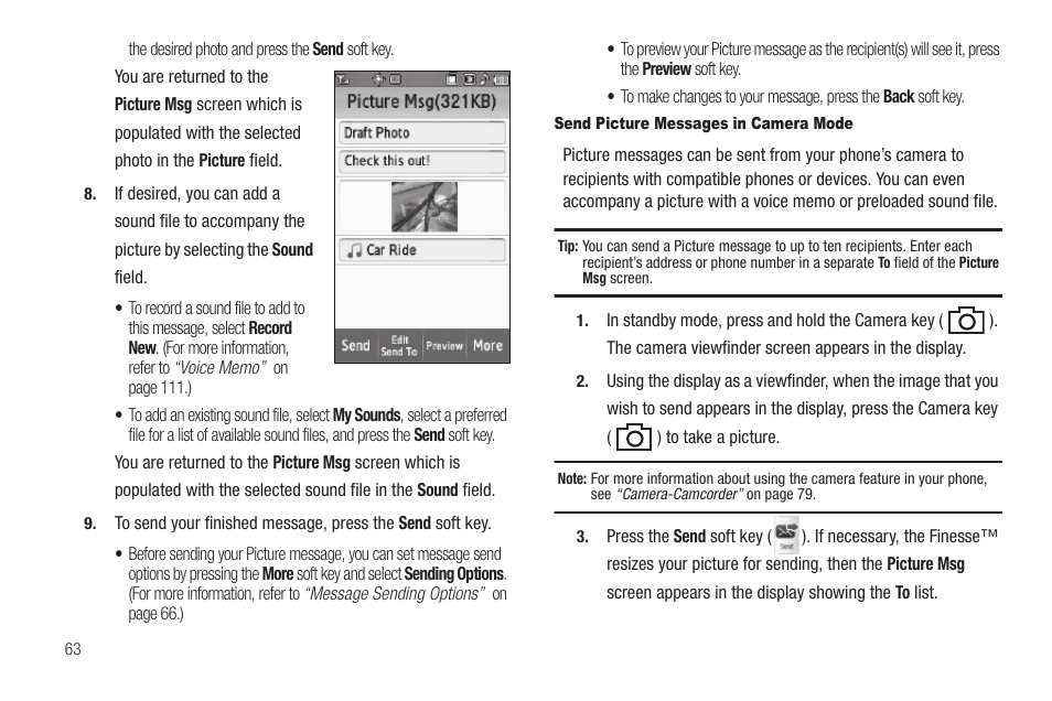 Send picture messages in camera mode | Samsung FINNESSE SCH-R810 User Manual | Page 65 / 187