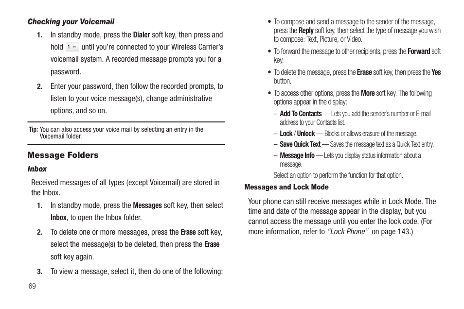 Checking your voicemail, Message folders, Inbox | Messages and lock mode | Samsung FINNESSE SCH-R810 User Manual | Page 71 / 187