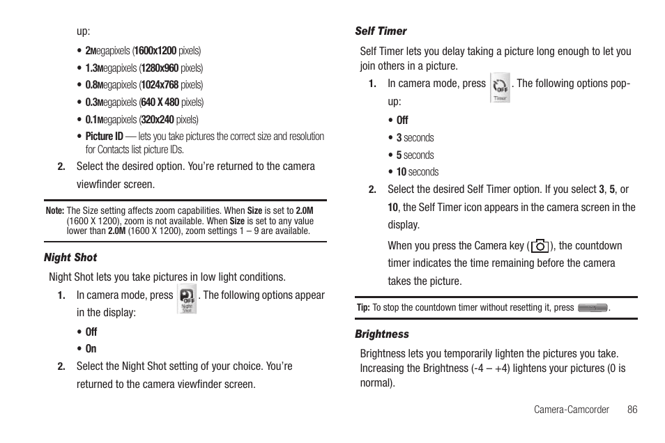 Night shot, Self timer, Brightness | Samsung FINNESSE SCH-R810 User Manual | Page 88 / 187