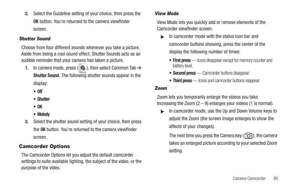 Shutter sound, Camcorder options, View mode | Zoom | Samsung FINNESSE SCH-R810 User Manual | Page 92 / 187