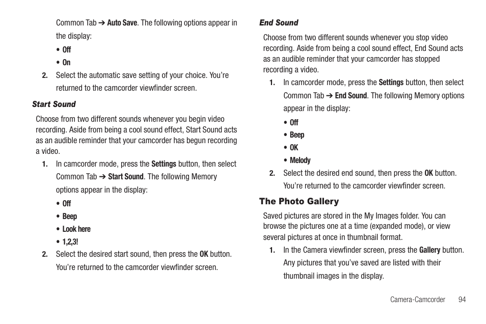 Start sound, End sound, The photo gallery | Samsung FINNESSE SCH-R810 User Manual | Page 96 / 187