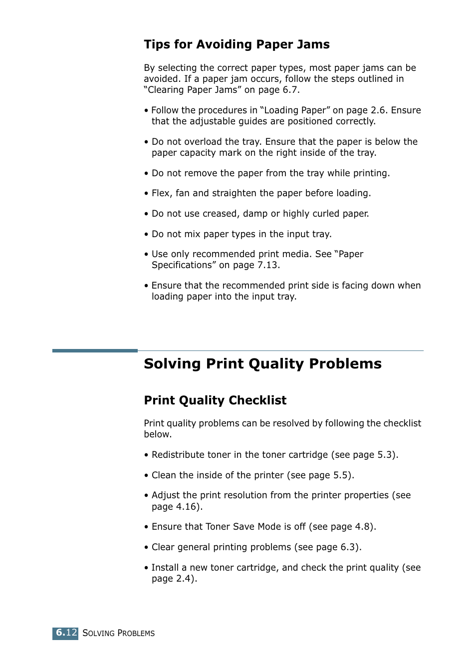 Tips for avoiding paper jams, Solving print quality problems, Print quality checklist | Samsung ML-1520P User Manual | Page 109 / 140