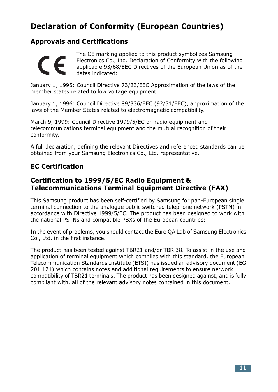 Declaration of conformity (european countries) | Samsung ML-1520P User Manual | Page 12 / 140