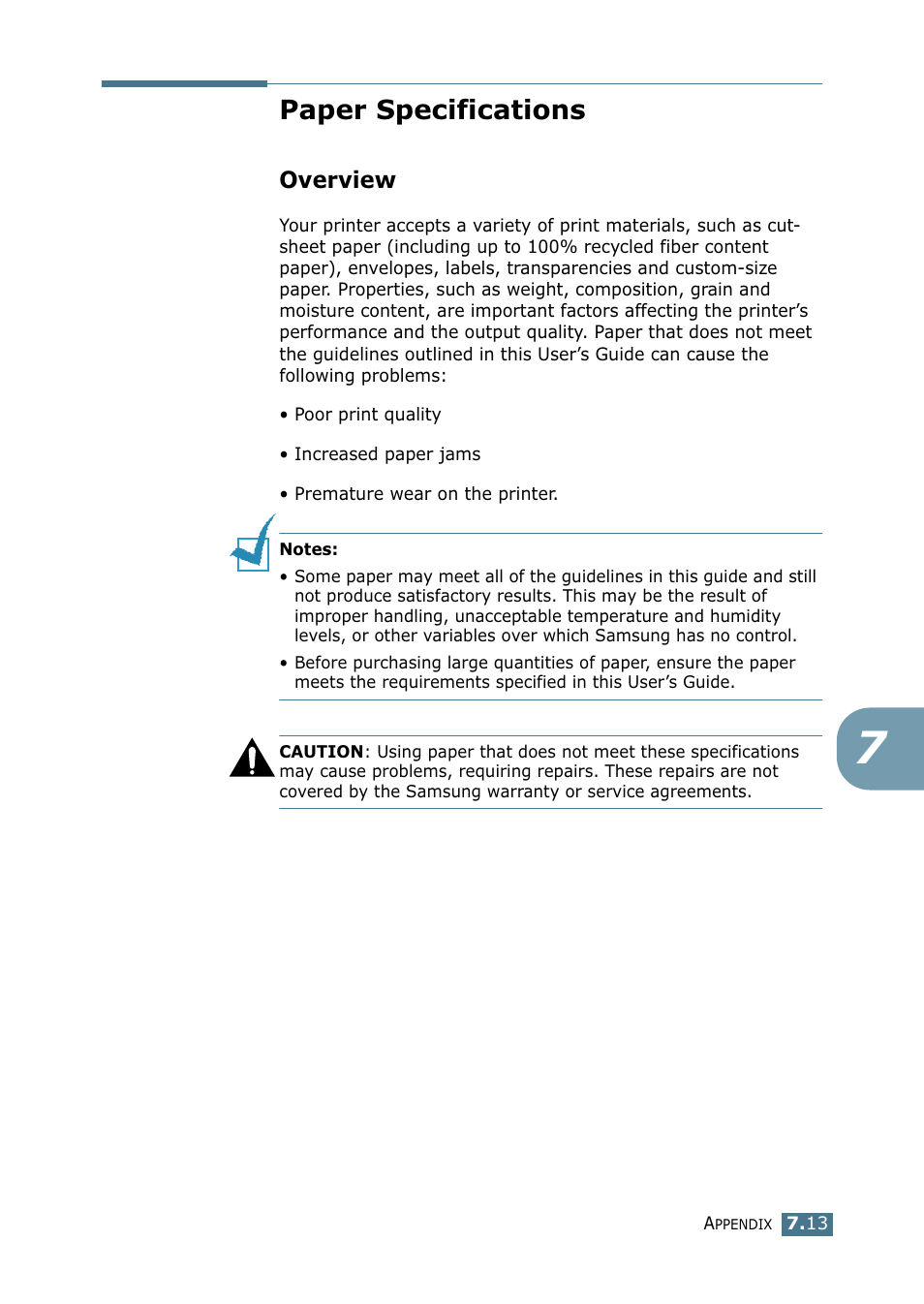 Paper specifications, Overview, Use only recommended print media. see “paper | See “paper, Y not meet paper specifications. see “paper | Samsung ML-1520P User Manual | Page 132 / 140