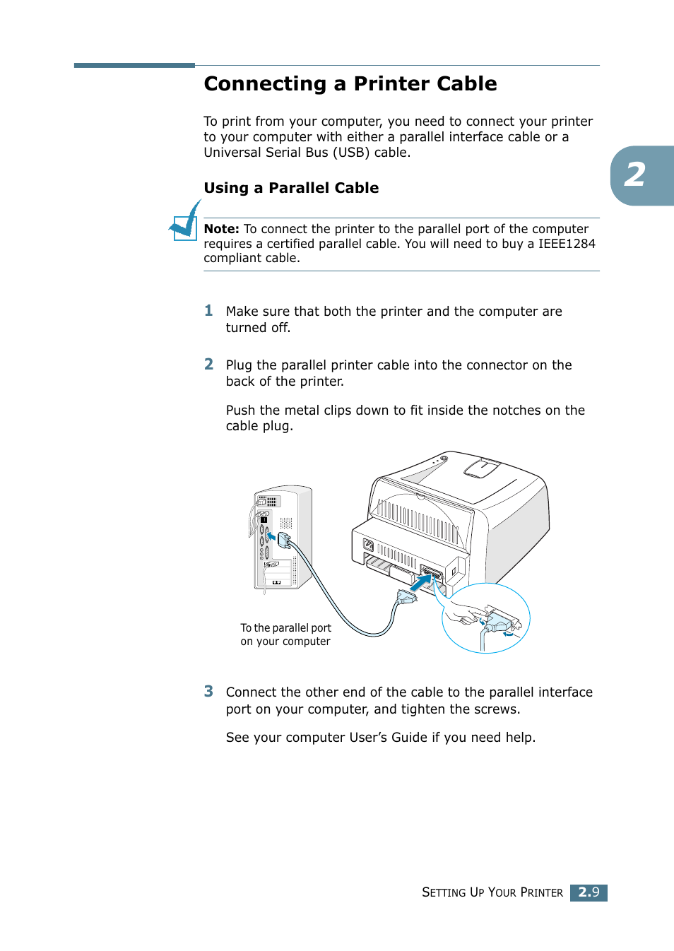 Connecting a printer cable | Samsung ML-1520P User Manual | Page 30 / 140