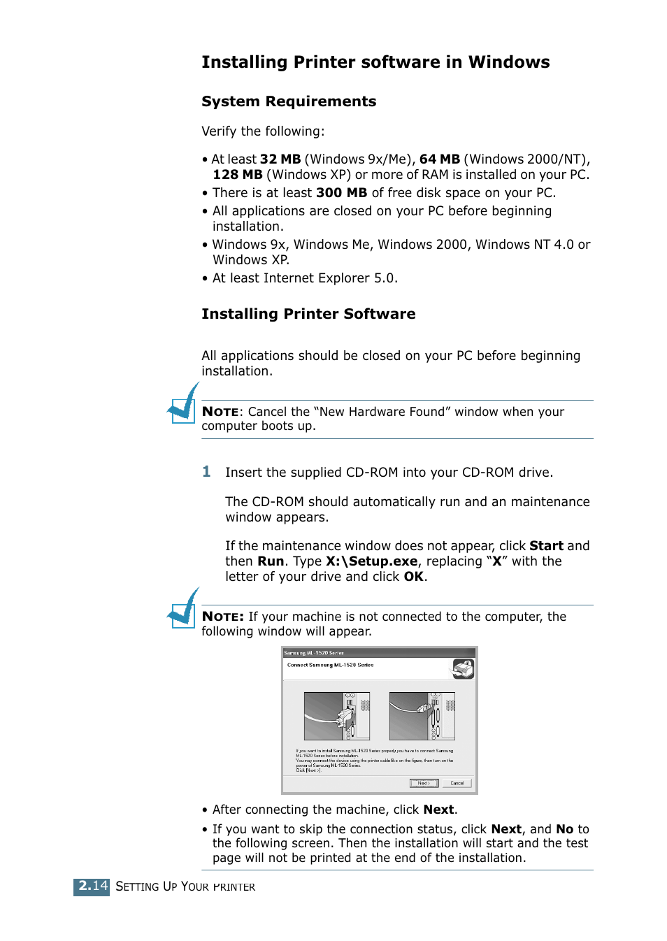 Installing printer software in windows | Samsung ML-1520P User Manual | Page 35 / 140