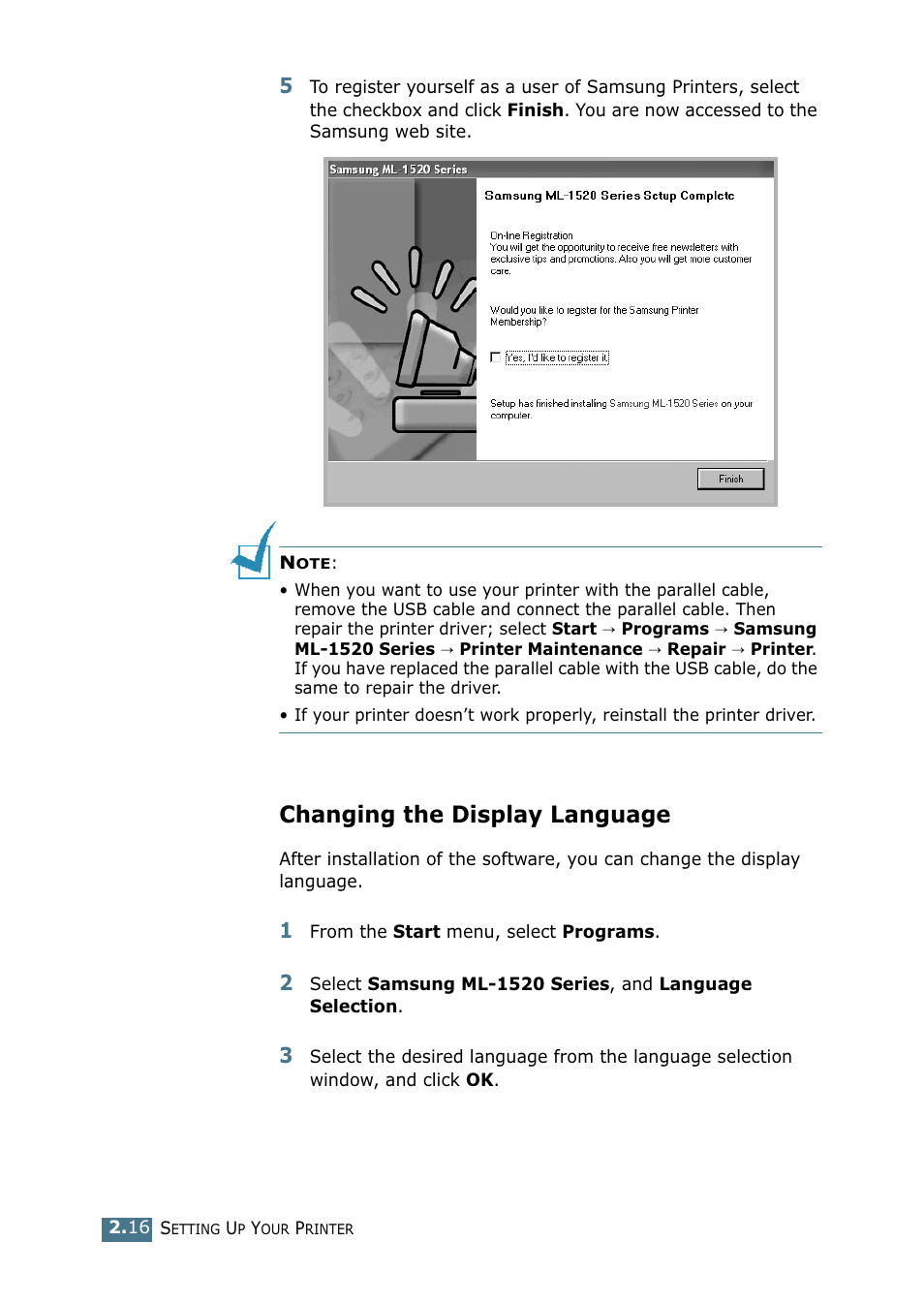 Changing the display language | Samsung ML-1520P User Manual | Page 37 / 140