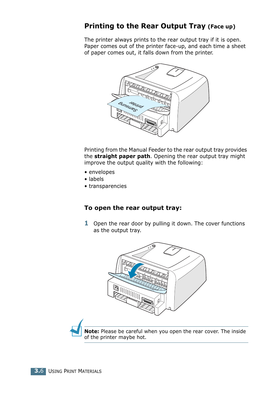 Printing to the rear output tray (face up), Printing to the rear output tray | Samsung ML-1520P User Manual | Page 47 / 140