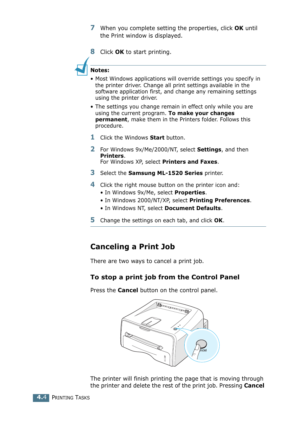 Canceling a print job | Samsung ML-1520P User Manual | Page 63 / 140