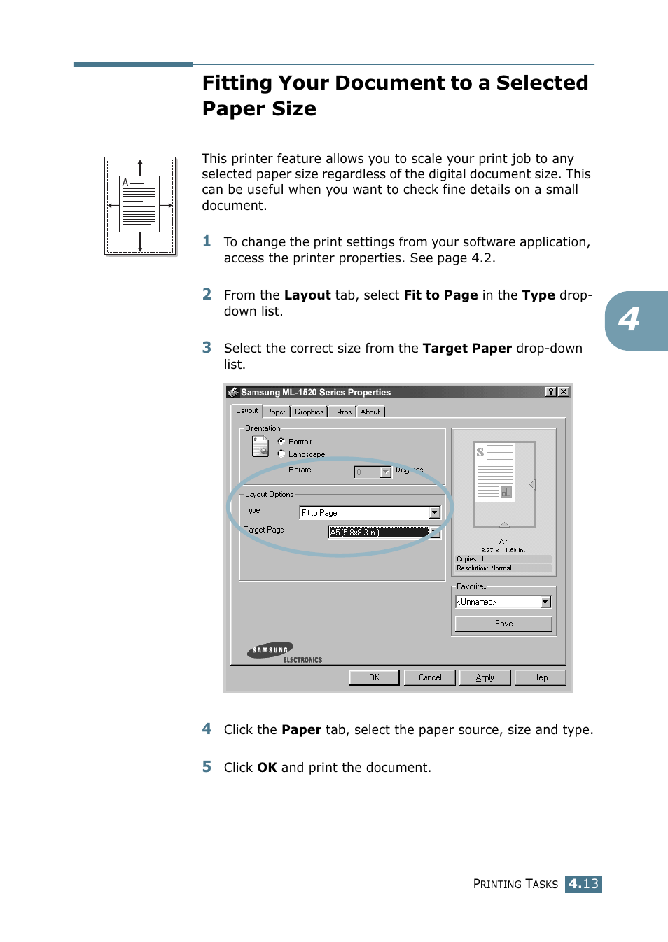 Fitting your document to a selected paper size | Samsung ML-1520P User Manual | Page 72 / 140