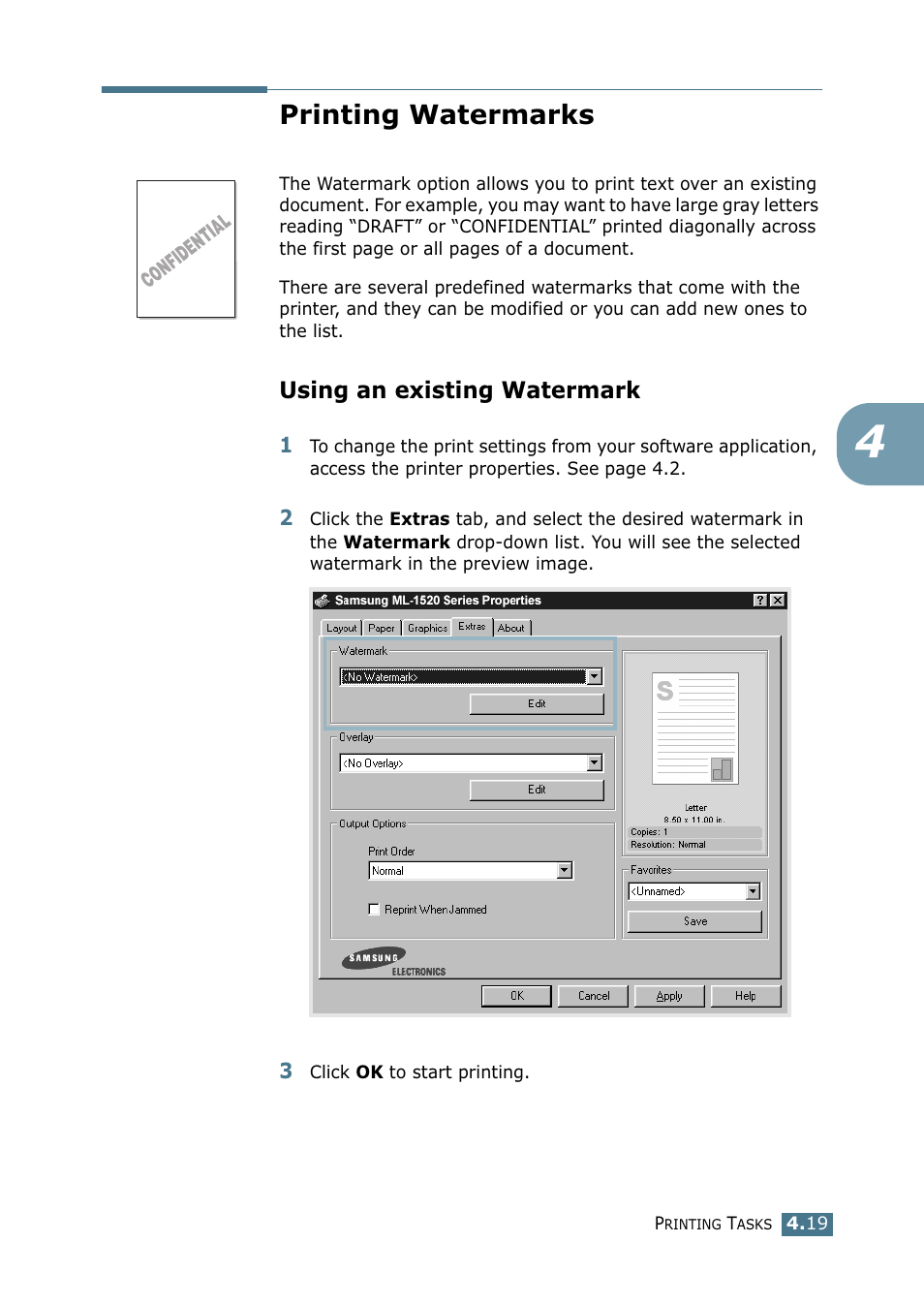 Printing watermarks, Using an existing watermark | Samsung ML-1520P User Manual | Page 78 / 140