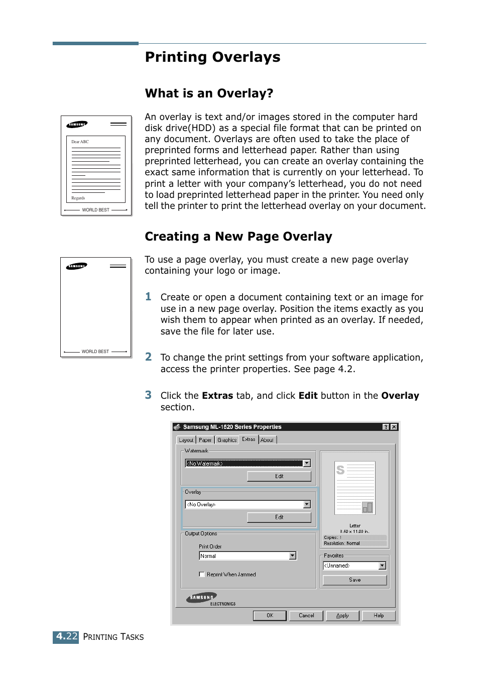 Printing overlays, What is an overlay, Creating a new page overlay | Samsung ML-1520P User Manual | Page 81 / 140