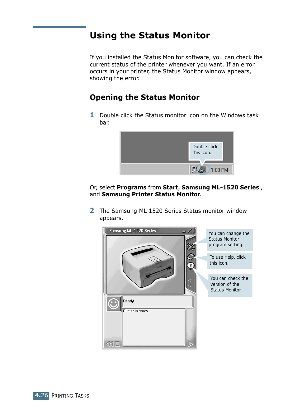 Using the status monitor, Opening the status monitor | Samsung ML-1520P User Manual | Page 85 / 140