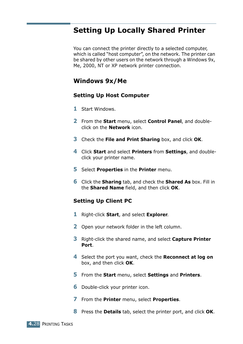 Setting up locally shared printer, Windows 9x/me | Samsung ML-1520P User Manual | Page 87 / 140