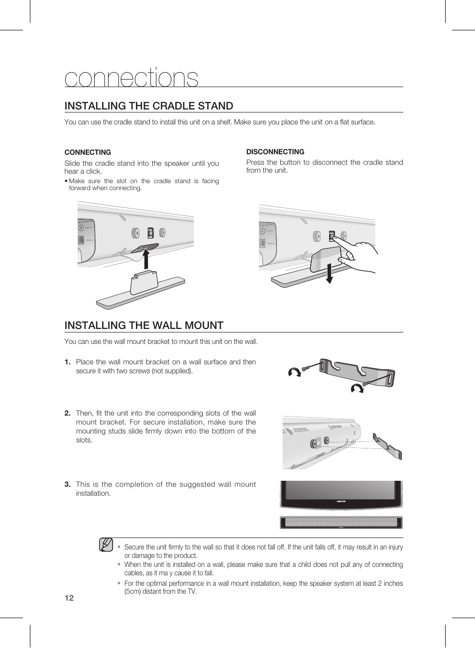 Connections, Installing the cradle stand, Installing the wall mount | Samsung HT-WS1R User Manual | Page 12 / 21