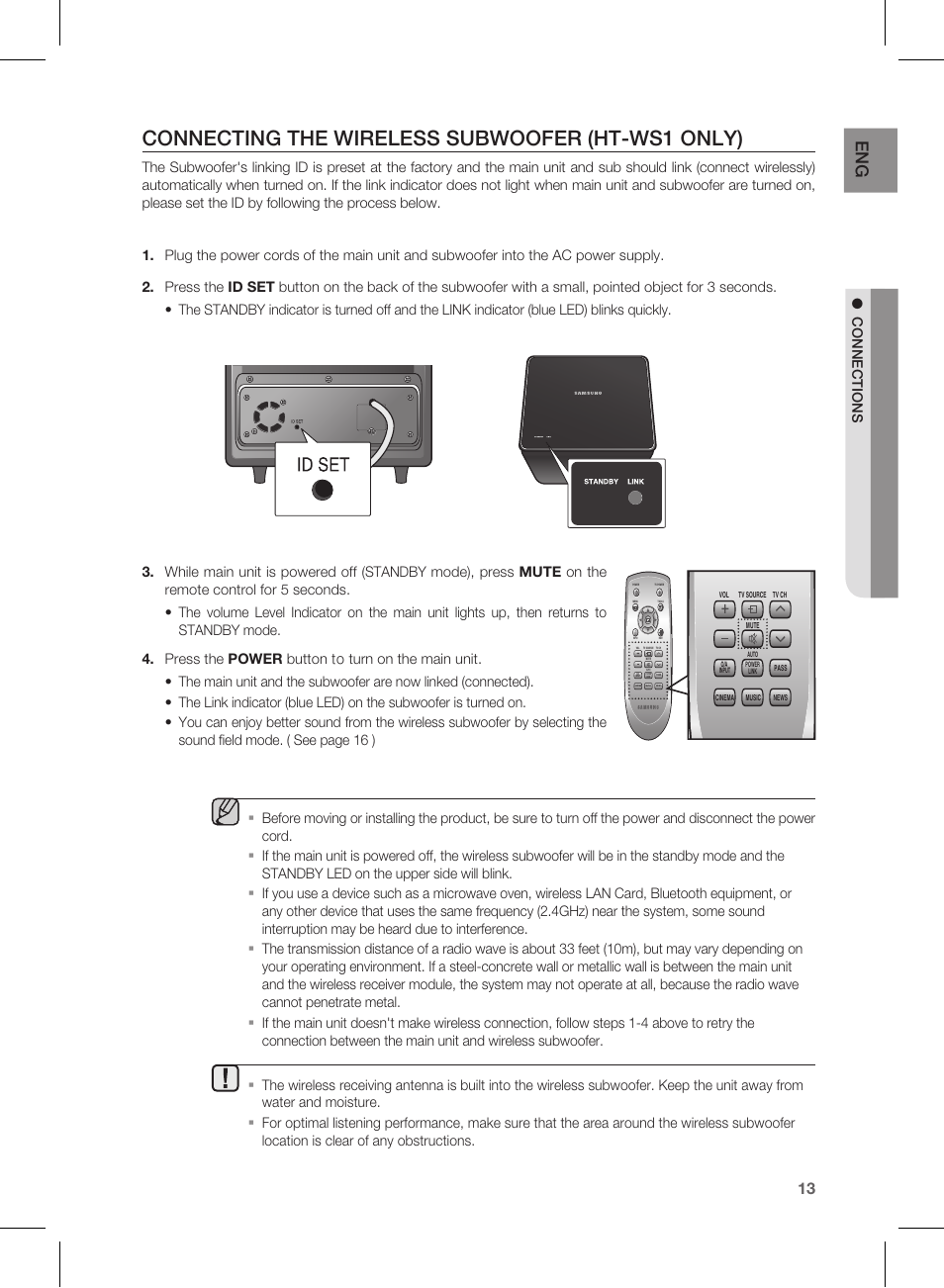Connecting the wireless subwoofer (ht-ws1 only) | Samsung HT-WS1R User Manual | Page 13 / 21