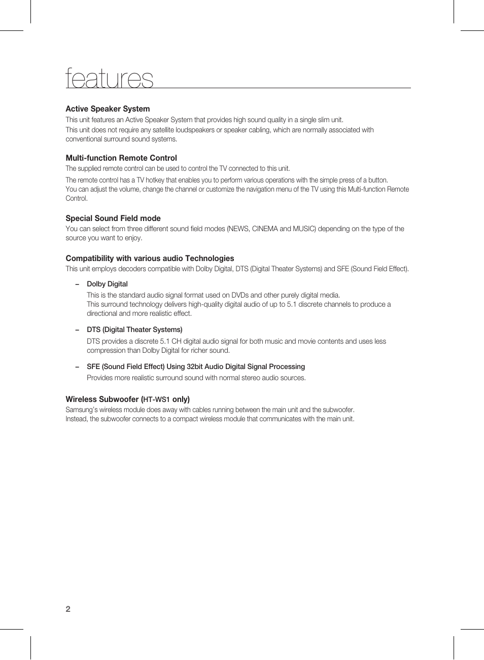 Features | Samsung HT-WS1R User Manual | Page 2 / 21
