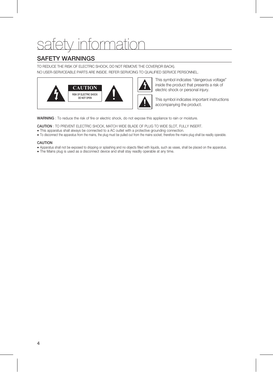 Safety information, Safety warnings | Samsung HT-WS1R User Manual | Page 4 / 21