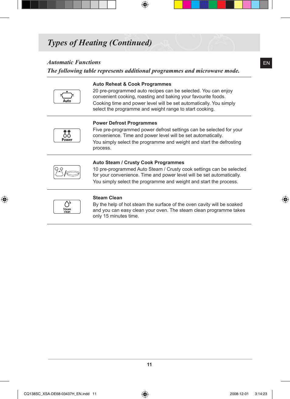 Types of heating (continued) | Samsung CQ138SC User Manual | Page 13 / 56