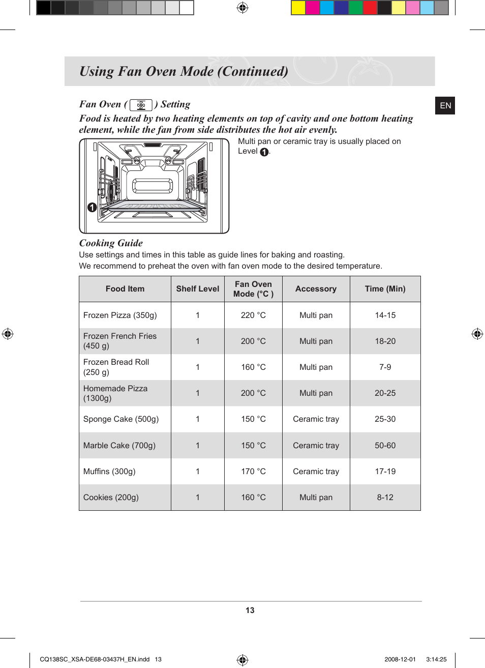 Using fan oven mode (continued), Cooking guide | Samsung CQ138SC User Manual | Page 15 / 56