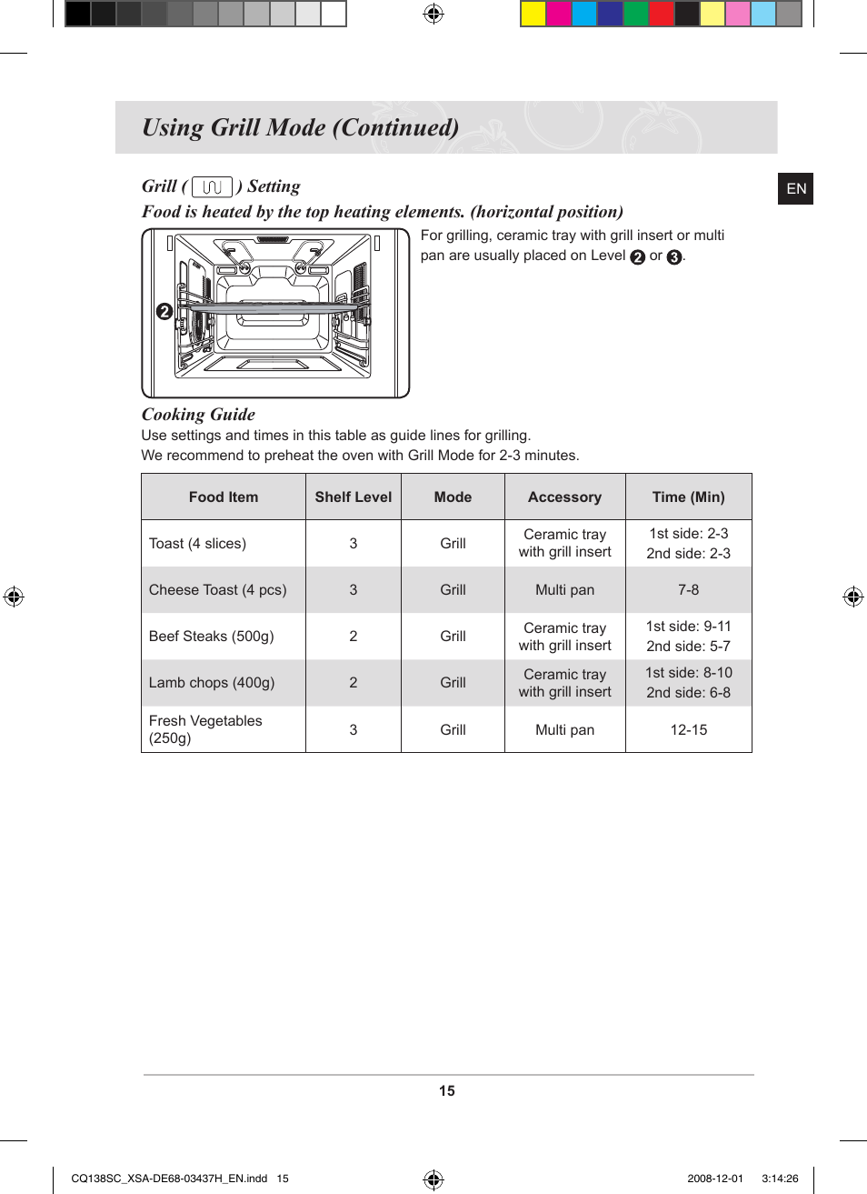 Using grill mode (continued), Cooking guide | Samsung CQ138SC User Manual | Page 17 / 56