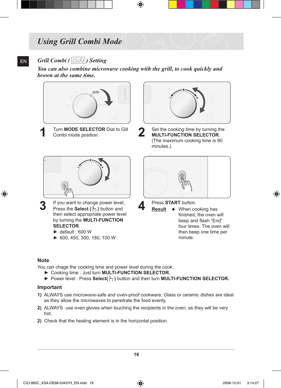 Using grill combi mode | Samsung CQ138SC User Manual | Page 18 / 56