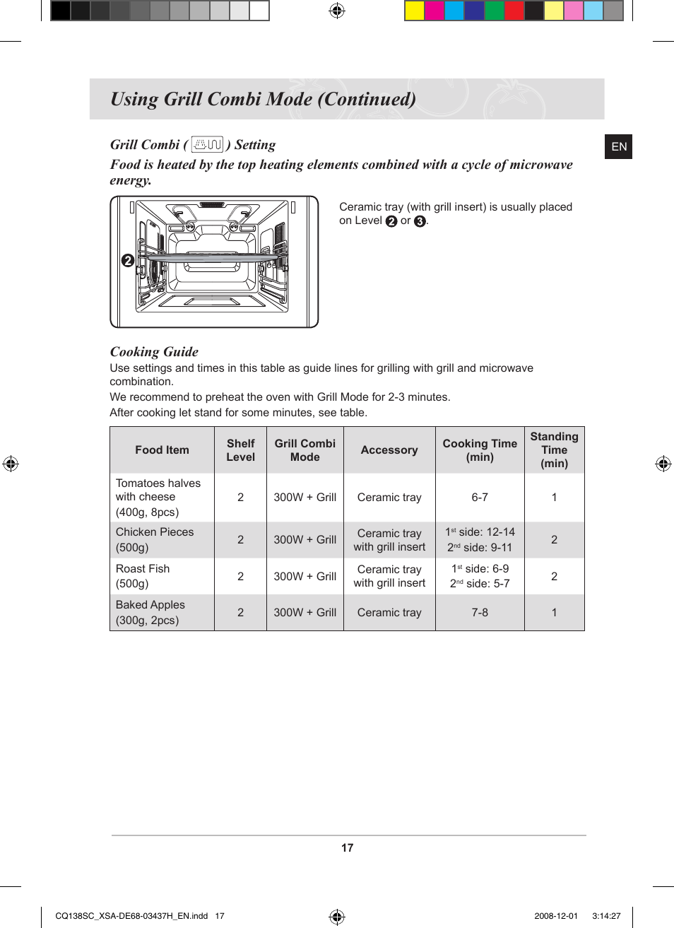 Using grill combi mode (continued), Cooking guide | Samsung CQ138SC User Manual | Page 19 / 56